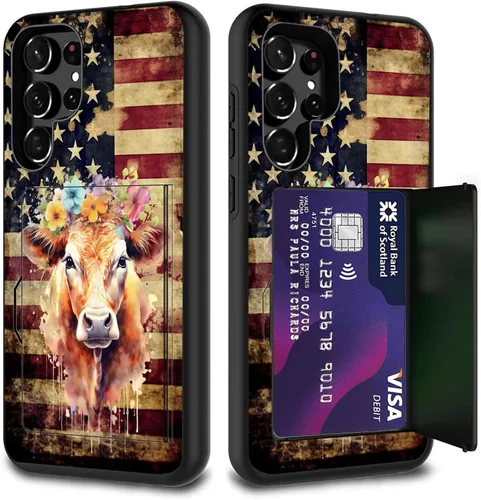 Vista 104 de Funda híbrida de doble capa con función atril para Samsung Galaxy A16 5G de 6.9 pulgadas, diseño de vaca con bandera estadounidense