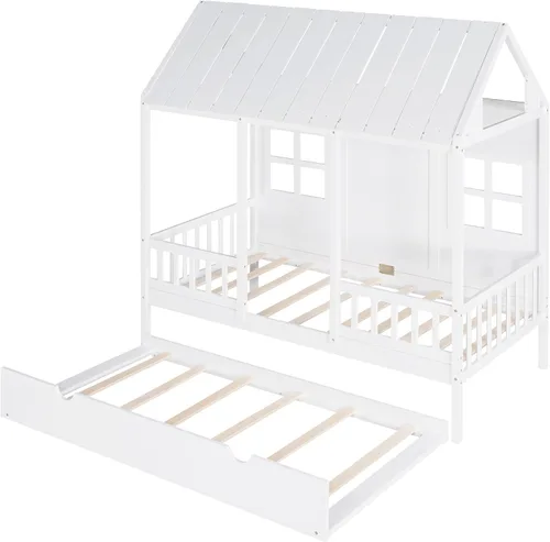Vista 7 de Harper & Bright Designs Cama de casa de tamaño individual con cama nido de tamaño individual, sofá cama de madera, cama de plataforma con techo