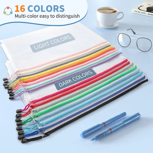 Vista 2 de Umriox 16 bolsas con cremallera, bolsas de malla con cremallera, 16 colores A4 / bolsas de tamaño carta para organización, bolsas transparentes