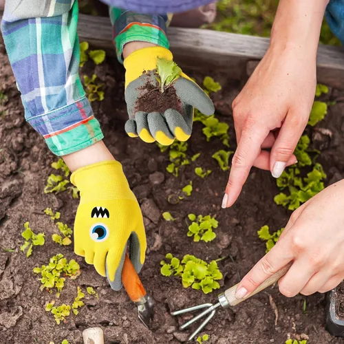 Vista 3 de 6 pares de guantes de jardinería para niños, guantes de trabajo para niños, guantes de jardín con revestimiento de goma para niños pequeños (S