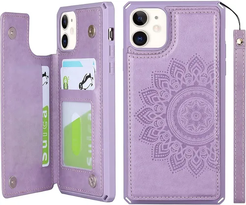 Vista 11 de iCoverCase Funda compatible con iPhone 11 con tarjetero para mujer, bloqueo RFID en relieve, piel sintética con correa de muñeca de 6.1 pulgadas