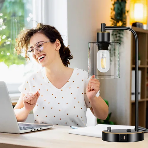 Vista 7 de Juego de 2 lámparas de mesa industriales negras y doradas con puerto USB, lámparas de noche regulables totalmente continuas para dormitorios Vidrio