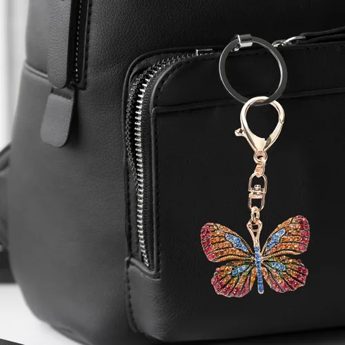 Vista 3 de Llavero de mariposa de aleación de diamantes de imitación, diseño de rana, leopardo, pulpo, animal brillante, llavero de metal para bolsa, bolsa