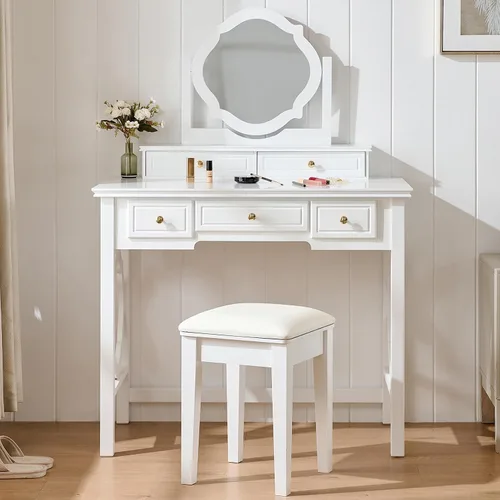 Vista 3 de Juego de escritorio de tocador de 35.5 pulgadas con taburete, escritorio de maquillaje con espejo reversible, tocador con 5 cajones para dormitorio