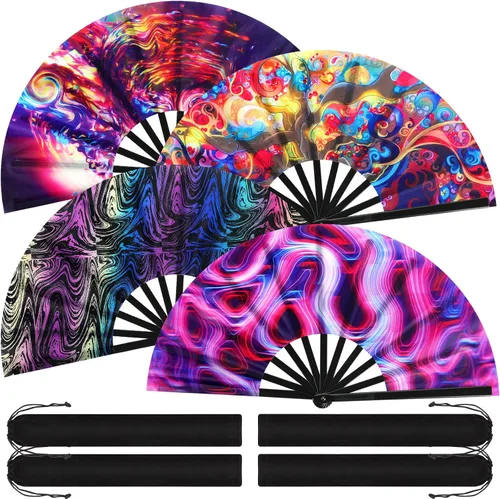 Vista 13 de Blulu 4 abanicos de mano plegables grandes de 13 pulgadas, abanicos gigantes que aplauden para rave, plegables para decoración de fiestas de baile