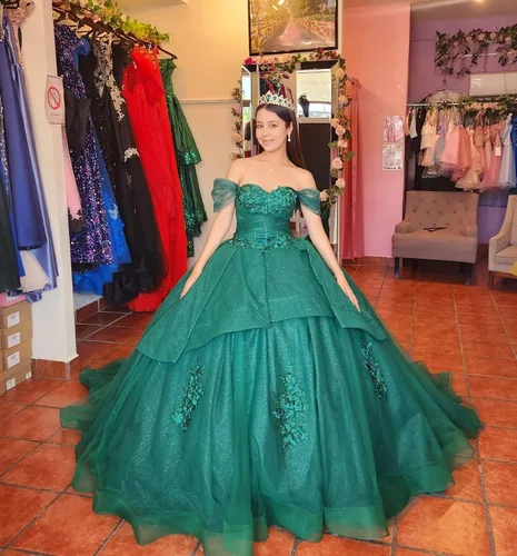 Vista 7 de Mauuwy Vestidos florales de quinceañera, vestido de baile hinchado de tul dorado con encaje dulce 16 vestidos de fiesta con hombros descubiertos