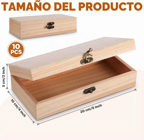 Vista 2 de Paquete de 10 cajas de madera con tapa con bisagras, caja de madera sin terminar para manualidades, cajas grandes de madera sin pintar
