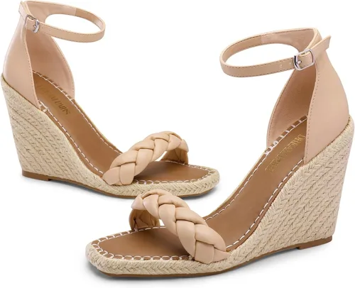 Vista 3 de DREAM PAIRS Alpargatas de punta abierta para mujer, con correas de tobillo, tacones altos, plataforma elegante
