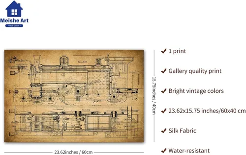 Vista 3 de Meishe Art Póster vintage, diseño mecánico de tren antiguo, dibujo estructural, ilustración que muestra la estructura básica, diagrama esquemático