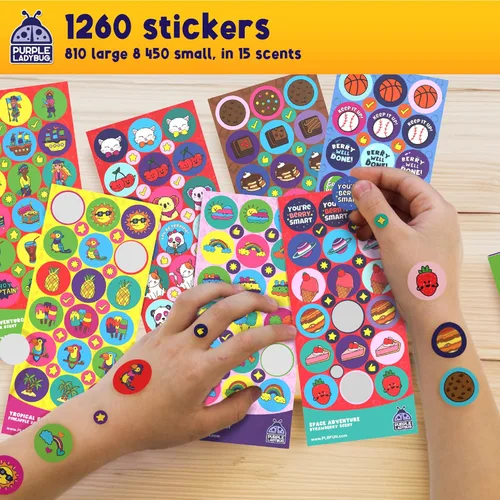 Vista 4 de 45 hoja cero y pegatinas con fragancia para niños(as) y maestros(as) Paquete megavariedado, paquete de Purple Ladybug Novelty, con 15 diferentes