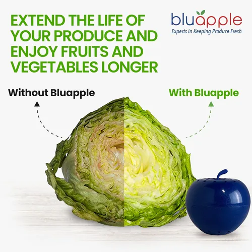 Vista 3 de Bluapple Produce Saver - Absorbedor de gas de etileno de 1 año con carbón activado, 2 Bluapples + 8 paquetes (0.31 onzas cada uno), extensor