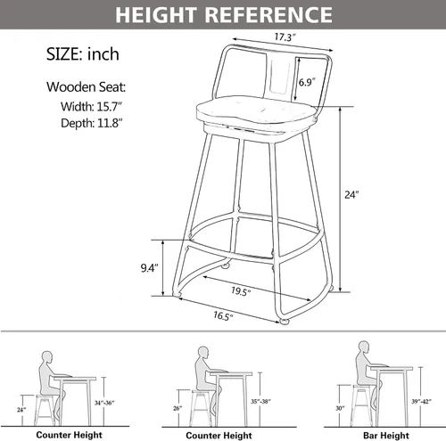Vista 2 de Taburetes de bar giratorios de 24 pulgadas con respaldo, juego de 2 sillas de bar de metal con asiento de madera, taburetes de bar industriales