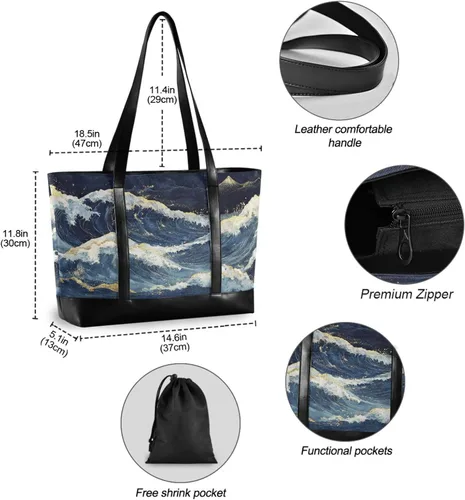 Vista 4 de Deep Waves estilo japonés moderno bolso de mano profesional para mujeres con cremallera para profesor con tableta maletín ejecutivo para mujer