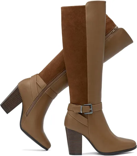 Vista 9 de katliu Botas de tacón alto de rodilla con cremallera para mujer Botas de tacón grueso alto con cremallera Negro
