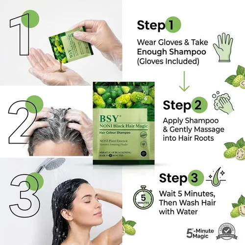 Vista 3 de BSY Noni Black Hair Magic Hair - Champú de color para el cabello (0.4 fl oz x 6 bolsitas) Tinte permanente natural sin amoníaco para hombres