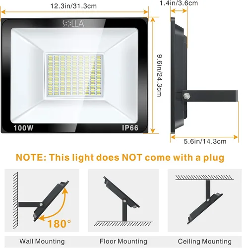 Vista 5 de Paquete de 2 focos LED de 100 W para exteriores, luces de seguridad superbrillantes de 8000 lúmenes, equivalente a 550 W, impermeable IP66, blanco