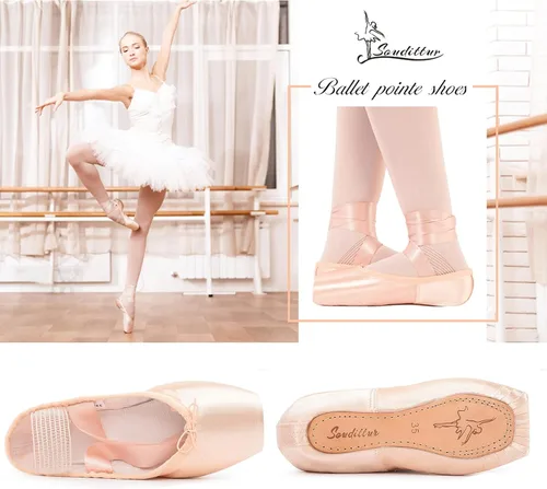 Vista 2 de Soudittur Zapatos de ballet para niñas y mujeres, zapatos profesionales de satén rosa con correas elásticas cosidas y almohadillas de silicona