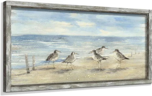 Vista 13 de Pintura enmarcada de playa para decoración de pared: arte abstracto de la pared del océano, pintura al óleo costera, gaviotas, imagen impresa