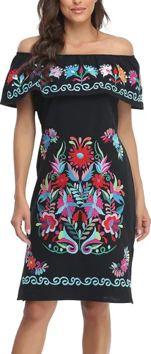 Vista 5 de YZXDORWJ Vestido bordado mexicano sin mangas con cuello de volantes para mujer