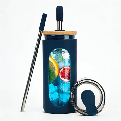 Vista 24 de Sursip - Vaso de vidrio de 20 oz con tapas y popotes, taza de café helado reutilizable de vidrio de borosilicato con tapa de bambú para batido, jugo