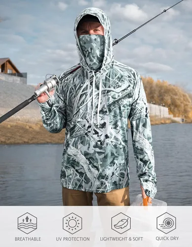 Vista 3 de FISHEAL Camisas de caza para hombre con máscara UPF 50+ Camo Manga Larga Pesca Sudadera con Capucha con Cordón Ajustable