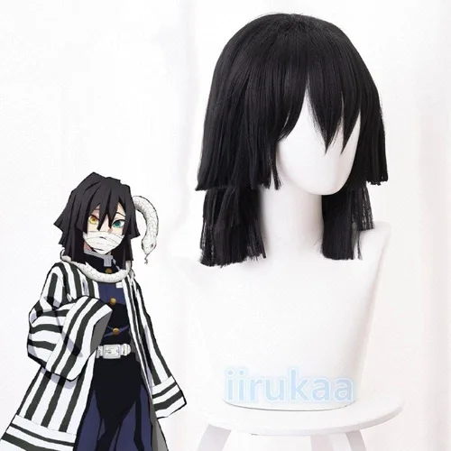Vista 3 de iirukaa Iguro Obanai Peluca Cosplay para Demon Slaye Anime Kimetsu no Yaiba Personajes de Halloween, pelucas de cosplay con gorra de peluca gratis