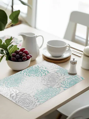 Vista 8 de Juego de 4 manteles individuales para mesa de comedor, diseño de crisantemo, color aguamarina, lino de algodón, impermeable, fácil de limpiar