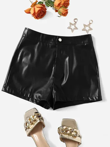Vista 5 de MakeMeChic Pantalones cortos de piel sintética de cintura alta para mujer