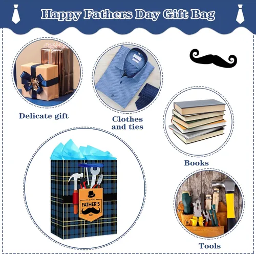 Vista 7 de WaaHome Bolsa de regalo para el día del padre para papá, con papel de seda y asa, 13 x 10.5 x 5.8 pulgadas, bolsa de regalo grande azul para el día
