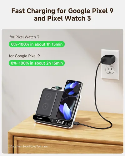 Vista 2 de Estación de carga dual de teléfono, cargador inalámbrico para Google Pixel 9a/9 Pro/9/8 Pro/7 Pro (no para 9 Pro Fold), para Pixel Watch 3/2/Fitbit