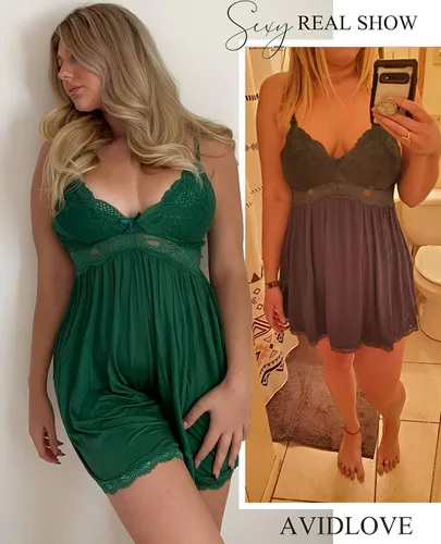 Vista 3 de Avidlove Camisón de noche de encaje modal para mujer, ropa de dormir con cuello en V y lencería sexy