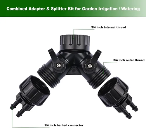 Vista 2 de Tubo de riego por goteo de 1/4 de pulgada a conector adaptador de grifo, divisor en Y de 2 vías para manguera de jardín de 3/4 pulgadas a manguera