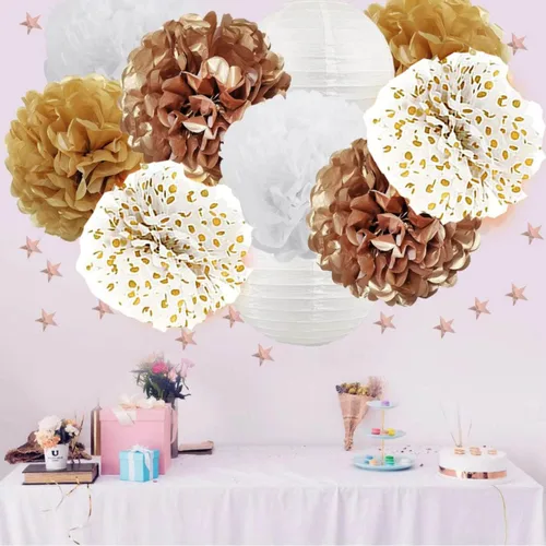 Vista 3 de BRZIKWT 12 pompones de papel de seda de punto ondulado degradado negro y dorado para fiesta, techo, colgar en la pared, decoración de flores