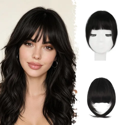 Vista 31 de BARSDAR Flequillo postizo de pelo humano real - Flequillo postizo 100% pelo humano para mujeres - Extensiones de flequillo ondulado castaño rojizo
