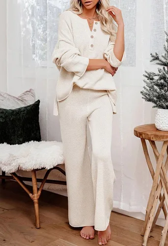 Vista 3 de Viottiset Conjunto de 2 piezas para mujer, sudadera de punto de manga larga, pantalones de pierna ancha, ropa de descanso Beige