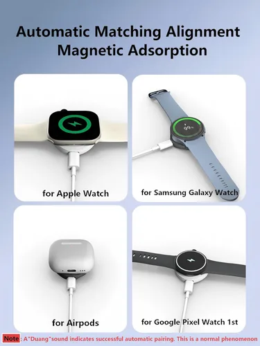 Vista 4 de Adaptador de cargador USB C para Samsung Galaxy Watch, cargador portátil rápido de 5 W para Apple Watch, base de carga de viaje ultra compacta