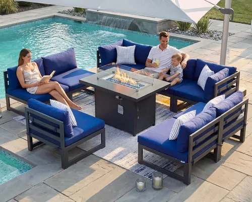 Vista 29 de BULEXYARD - Sofá modular de aluminio para exteriores con mesa para fogata, 7 piezas, color verde azulado