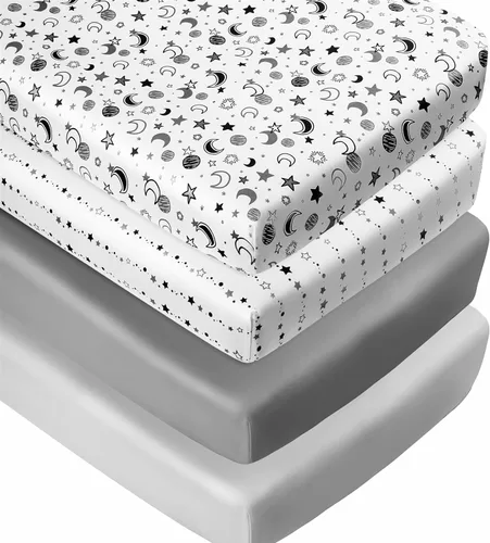 Vista 9 de Juego de 4 sábanas para cuna, diseño neutro de estrella y luna, unisex, para bebé, para niños o niñas, luna