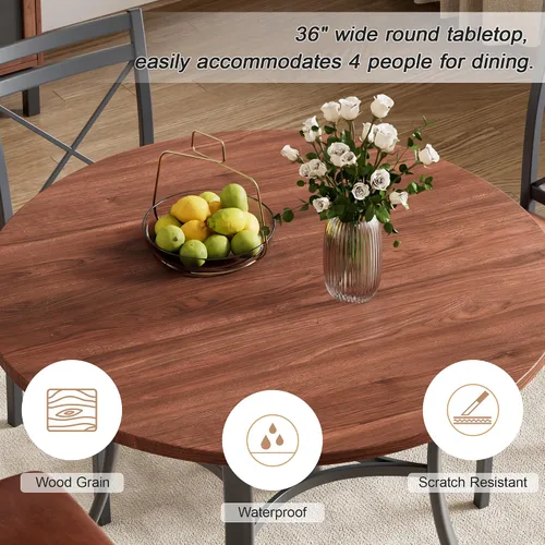 Vista 2 de VECELO juego de mesa de comedor de 5 piezas para 4 con sillas, superficie de grano de madera, espacio pequeño, cocina, desayunador, color marrón