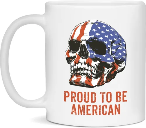 Vista 4 de Proud To Be American - Taza de café de cerámica Proud To Be American Gift – Proud To Be American Skull American Flag Taza disponible en 11 o 15 oz