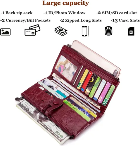Vista 2 de ROULENS - Billetera de cuero genuino para mujer, con tarjetero, compartimiento para celular, chequera, monedero, con cremallera, cartera Rfid, L