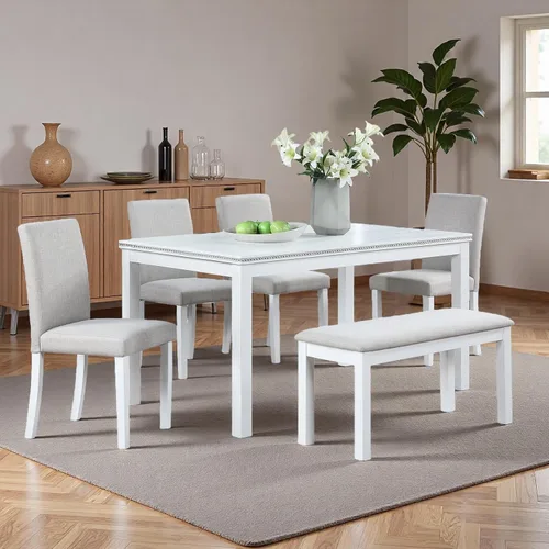 Vista 13 de Juego de mesa de comedor de 6 piezas con banco y 4 sillas Negro Beige-1
