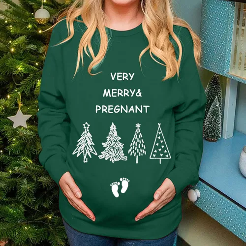 Vista 2 de Christmas Sweatshirts for Pregnant Women's Round Neck Christmas Letter Print Maternity Loose Long Sleeve Fashion Sweatshirt