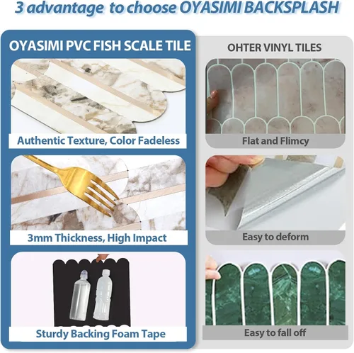 Vista 7 de 10 hojas de escamas de pescado para despegar y pegar para azulejos de pared de cocina, 12 pulgadas, mármol marrón, mezcla de metal dorado, azulejos