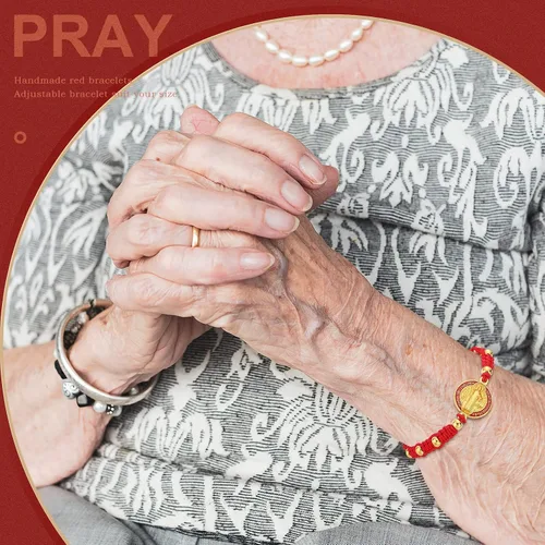 Vista 5 de 12 pulseras de San Benito hechas a mano con cordón rojo pulseras de rosario ajustables regalo de suerte para mujeres hombres niños y niñas Metal
