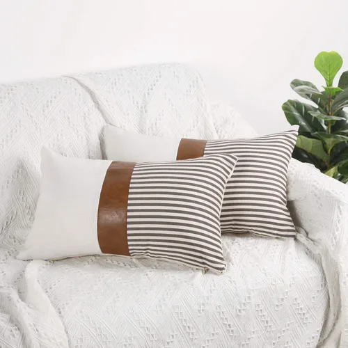 Vista 19 de Cygnus - Juego de 2 fundas de almohada de 16 x 16 pulgadas hechas de lino y de la unión de distintas telas con diseño de rayas para decoración Negro