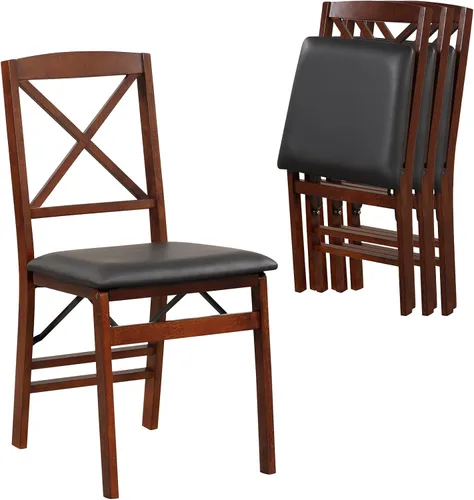Vista 5 de ERGOMASTER Juego de 2 sillas plegables de comedor, sillas plegables con asiento acolchado, madera de goma maciza, respaldo de listones