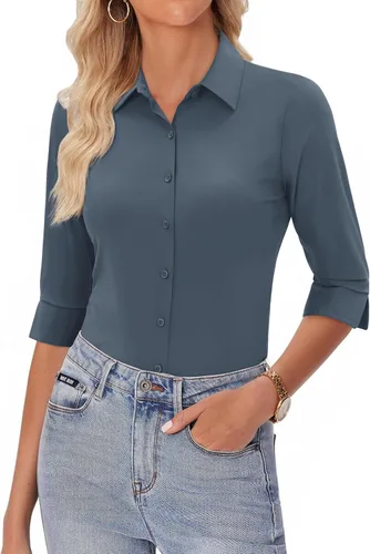 Vista 10 de siliteelon Camisas con botones para mujer, manga 3/4, elástica, ajustada, sin arrugas, cuello para negocios, trabajo, tops