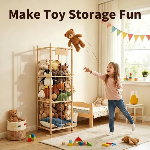 Vista 6 de Almacenamiento de animales de peluche, soporte de madera para juguetes de zoológico para habitaciones de niños, organizador de juguetes de ahorro