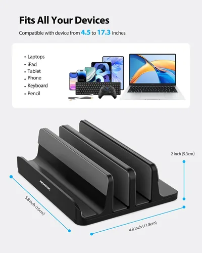 Vista 3 de Soporte vertical para portátil AboveTEK, soporte de escritorio de aluminio con 3 ranuras y base ajustable para tableta, MacBook, teléfono - Ajuste